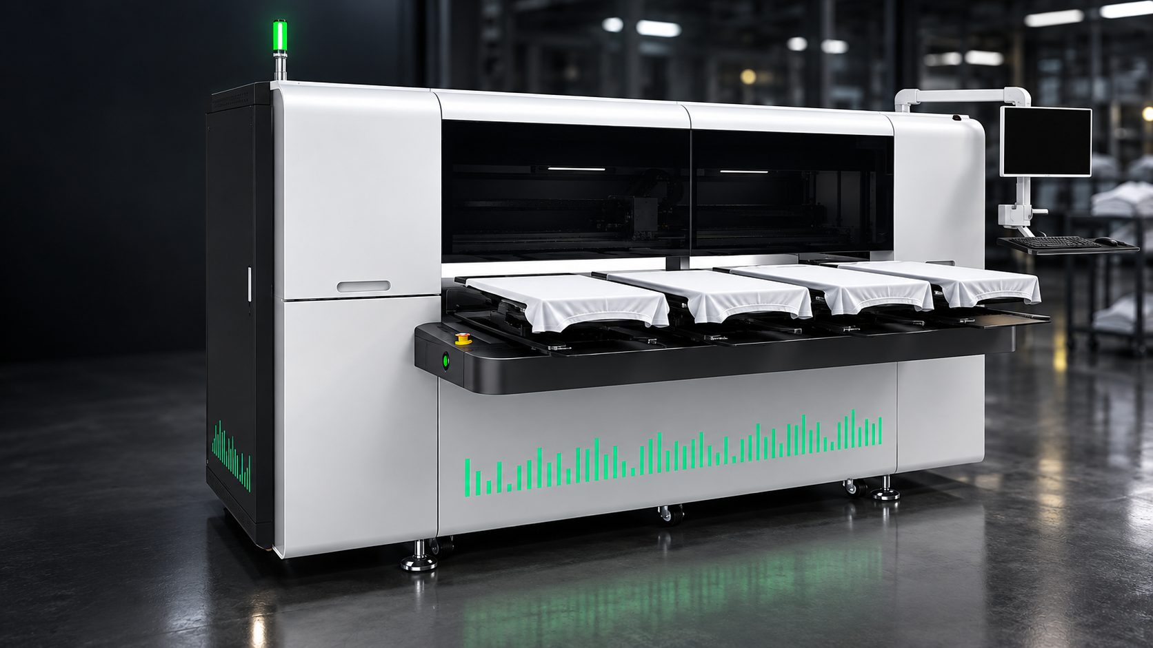 SHENLAN SL-DTG-X4 multi-platen DTG printer operating in an industrial production environment